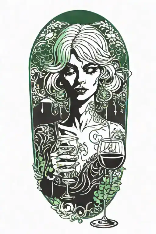 Silver haired Girl drinking green plasma from a wine glass in a music themed background tattoo design idea