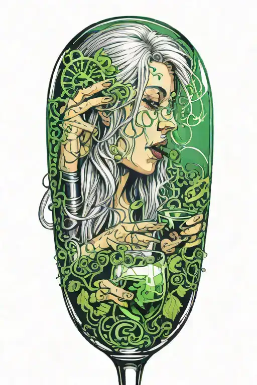 long Silver haired Girl drinking green plasma from a wine glass with musical notes and lines on the background tattoo design idea