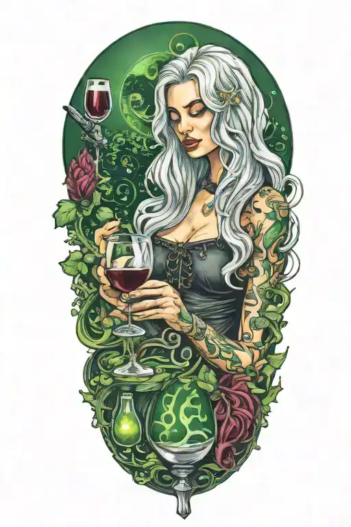 long Silver haired young Girl drinking green plasma from a wine glass in a musical background tattoo design idea