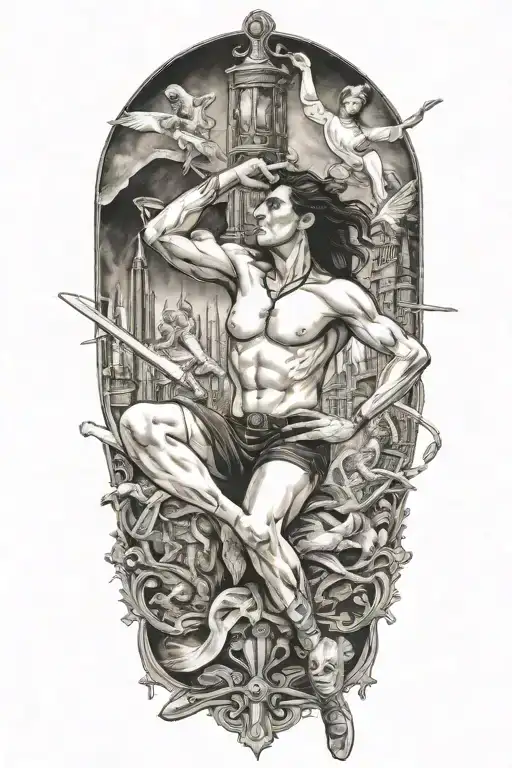 create the setting of the album cover of  Gutter ballet by Savatage  tattoo design idea