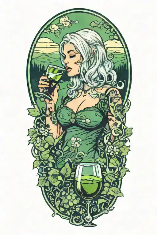 Silver haired Girl drinking green plasma from a wine glass in a green meadow background tattoo design idea