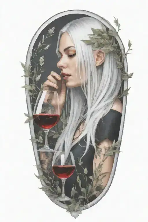 long silver haired girl drinking wine from just one wine glass with grass twining on her, surrounded by musical sheets tattoo design idea