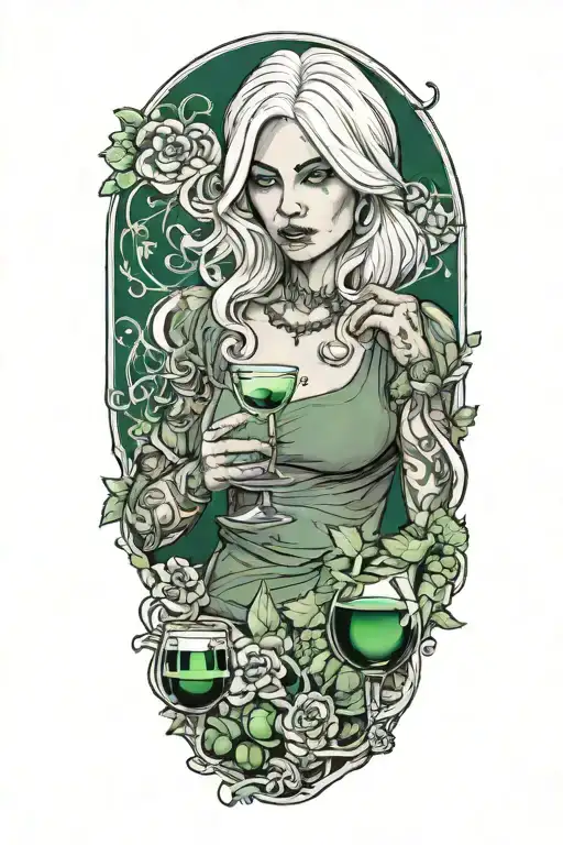 Silver haired Girl drinking green plasma from a wine glass tattoo design idea