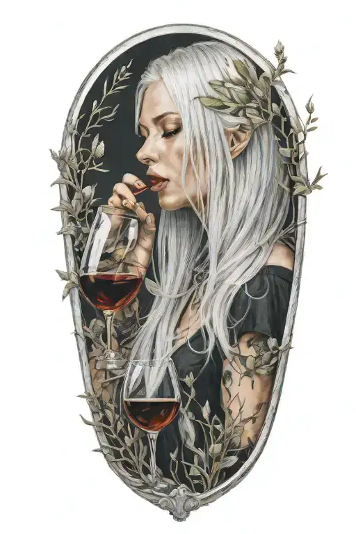 long silver haired girl drinking wine from a wine glass with grass twining on her tattoo design idea