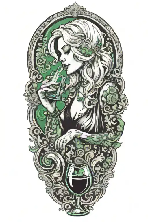 Silver haired Girl drinking green plasma from a wine glass in a music themed background tattoo design idea
