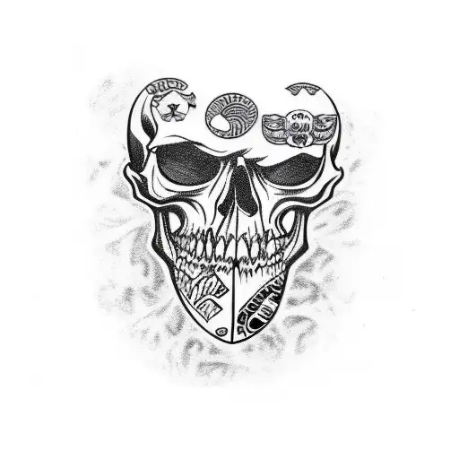 psychedelic cartoon eyes around skulls, sketch on white background, black and white tattoo design idea