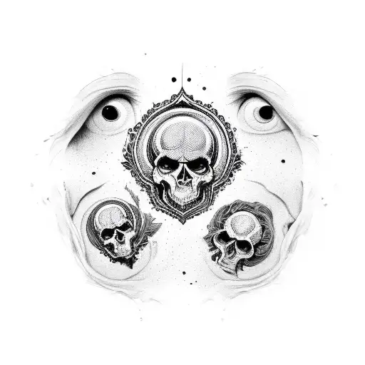psychedelic cartoon eyes around skulls, sketch on white background, black and white tattoo design idea