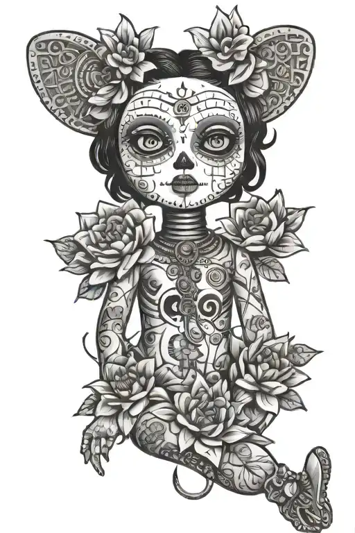 voodoo Doll with safety pins and the flower dahlia tattoo design idea