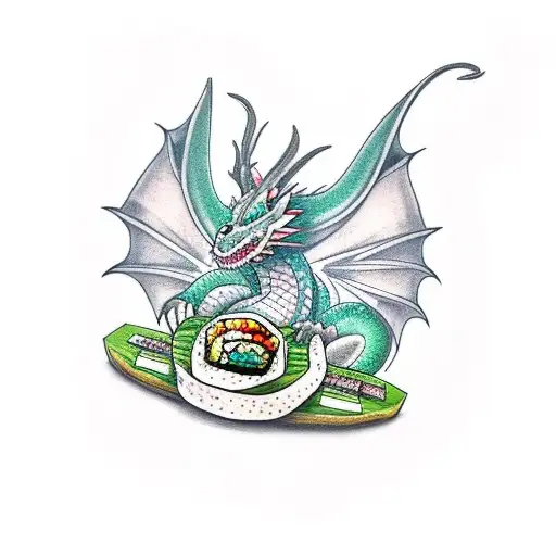 cute dragon eating a sushi roll tattoo design idea