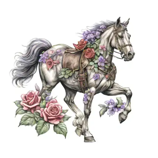 cool masculine army horse with red roses  and purple lilacs tattoo design idea