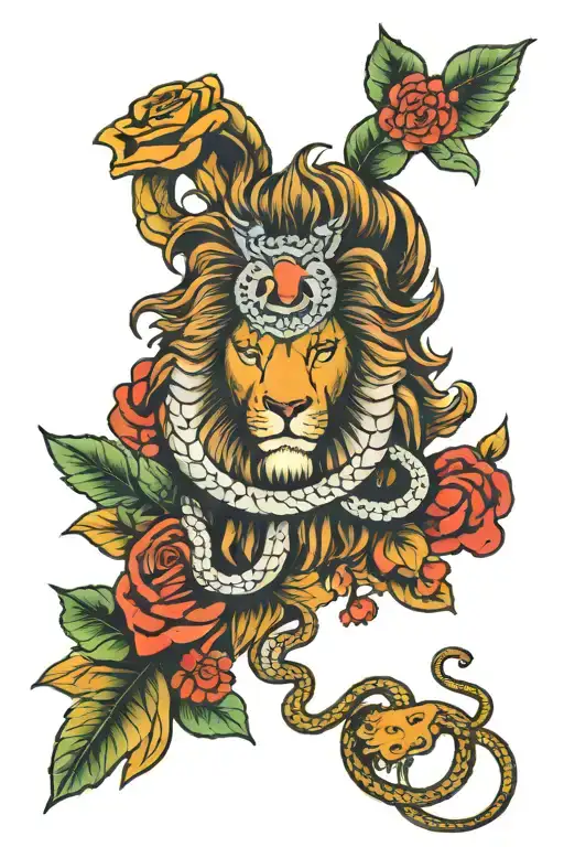 lion and snake and forest tattoo design idea