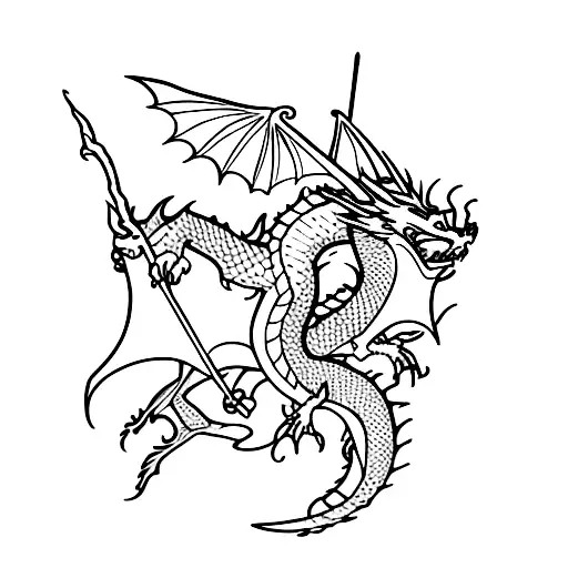 Dragon, castle, male fairy, books, shadows and magic tattoo design idea