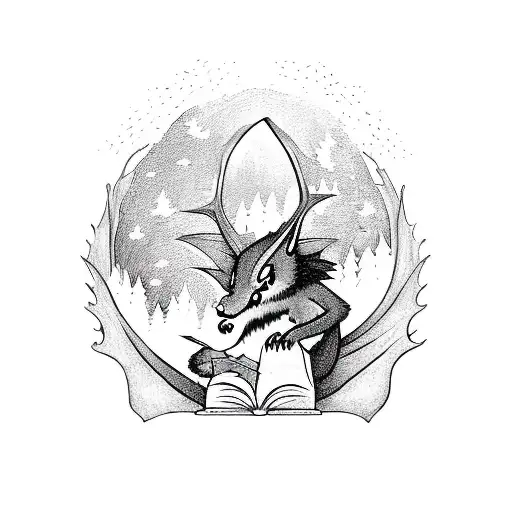 A mystical forest scene with hidden dragons and magical creatures, with the silhouette of a bat boy reading a book in the center tattoo design idea