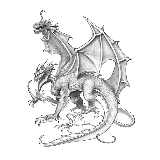 Dragon, castle, male fairy, books, shadows and magic tattoo design idea