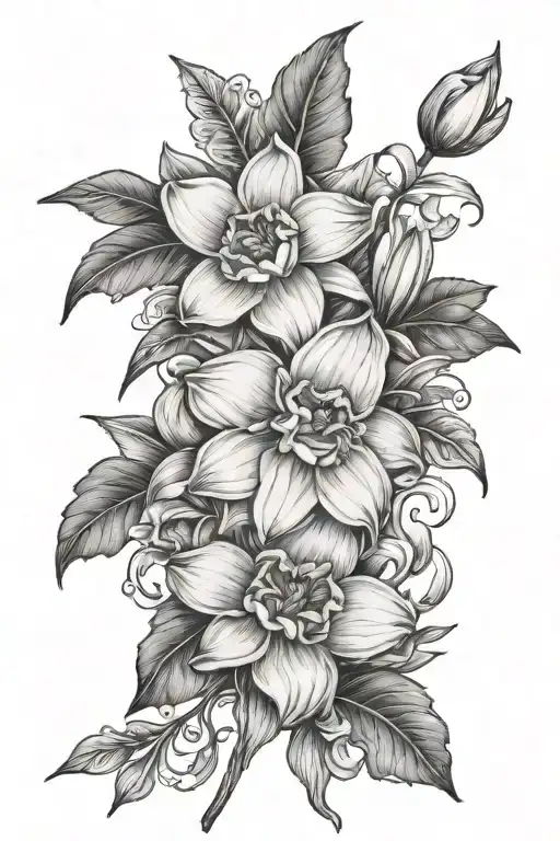 Daffodil, honeysuckle,marigold,aster sleeve tattoo design idea