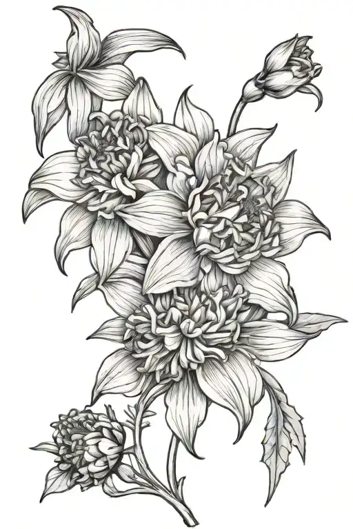 Daffodil, honeysuckle,marigold,aster tattoo design idea