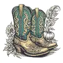 Country side in wyoming with cowboy boots, country music  tattoo design idea