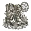 Country side in wyoming with cowboy boots, country music  tattoo design idea