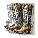 Cowboy boots, cross, music notes, Wyoming bucking horse combined tattoo design idea