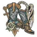 Cowboy boots, cross, music notes, Wyoming bucking horse combined tattoo design idea