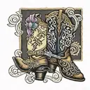 Cowboy boots, cross, music notes, Wyoming bucking horse combined tattoo design idea