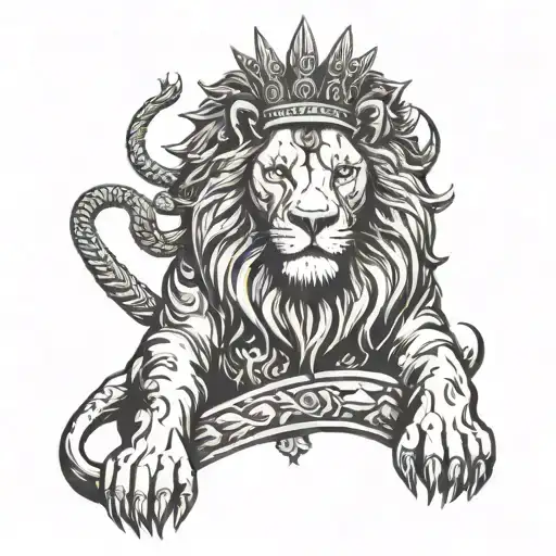 A serious but imposing lion with a not very large crown in his head, also with Viking symbology on his body tattoo design idea