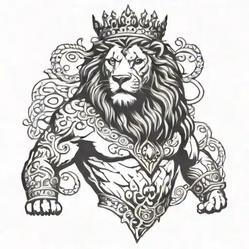 A serious but imposing lion with a not very large crown in his head, also with Viking symbology on his body tattoo design idea
