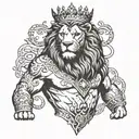 A serious but imposing lion with a not very large crown in his head, also with Viking symbology on his body tattoo design idea