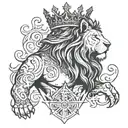 A serious but imposing lion with a not very large crown in his head, also with Viking symbology on his body tattoo design idea