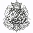 A serious but imposing lion with a not very large crown in his head, also with Viking symbology on his body tattoo design idea