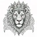 A serious but imposing lion with a not very large crown in his head, also with Viking symbology on his body tattoo design idea