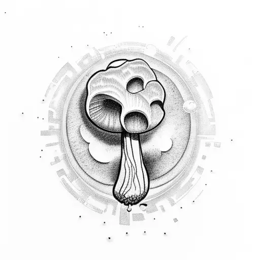 Realistic depiction of a mushroom spore releasing into the air, surrounded by CNC machine parts tattoo design idea
