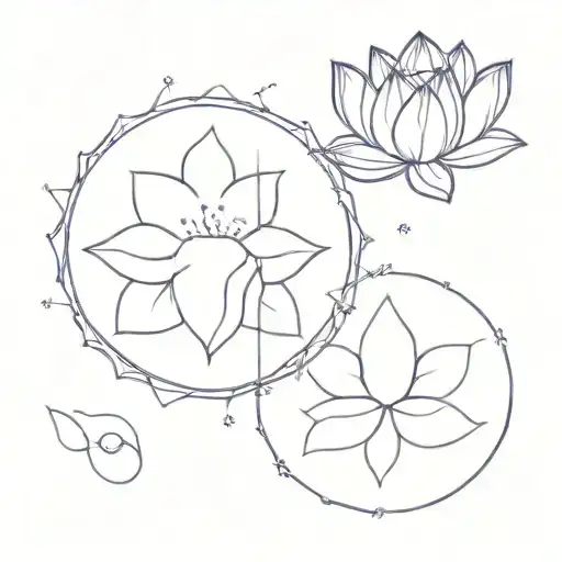 above purple colored lotus flower, below blue morpho, all these two in a circle tattoo design idea