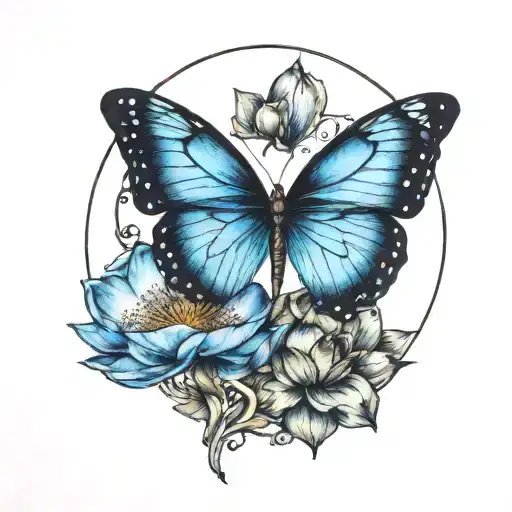 above purple lotus, below blue morpho, in a circle tattoo design idea