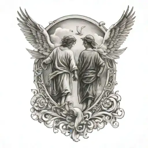two boys holding hands entering gates of heaven with doves around them tattoo design idea