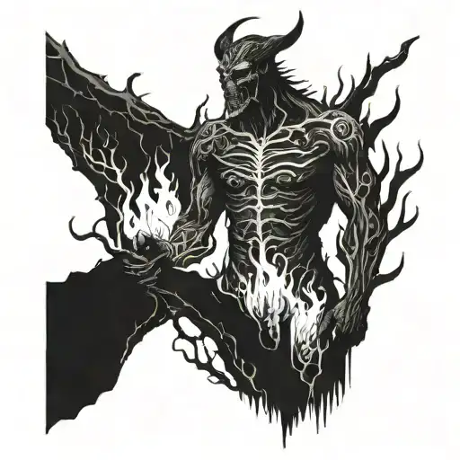 Fire demon standing in front of a burnt forest "ex favilla tattoo design idea
