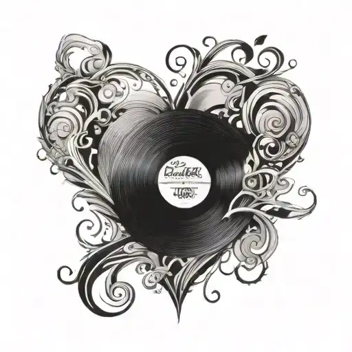 A heart-shaped vinyl record with love song lyrics swirling around it tattoo design idea