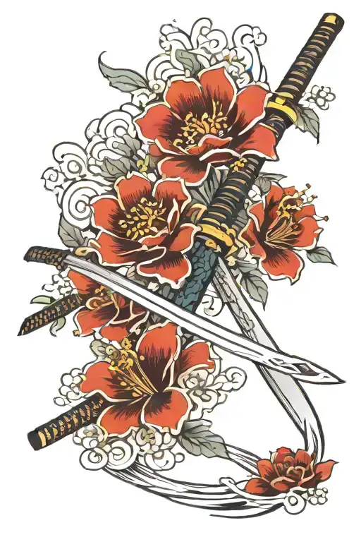 flower and katana sword tattoo design idea