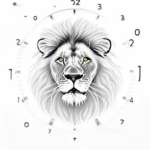 Lion tattoo with clock at 9:31 a.m. with first name Aaron and decorations tattoo design idea