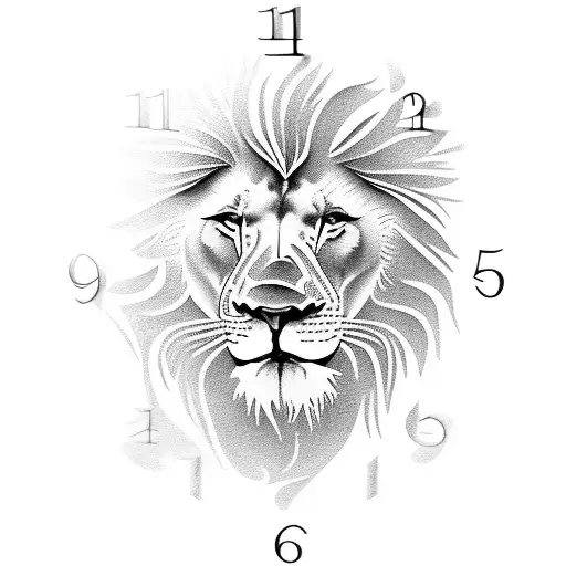 Lion tattoo with clock at 9:31 a.m. with first name Aaron and decorations tattoo design idea