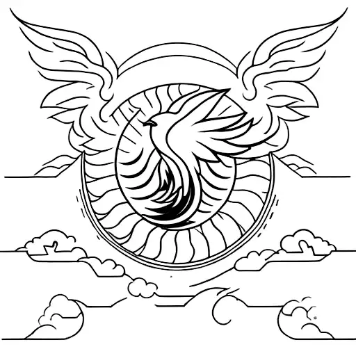 A minimalist design of a phoenix rising from ashes, symbolizing the idea of 'There's Sun after Rain. Love after Pain' tattoo design idea