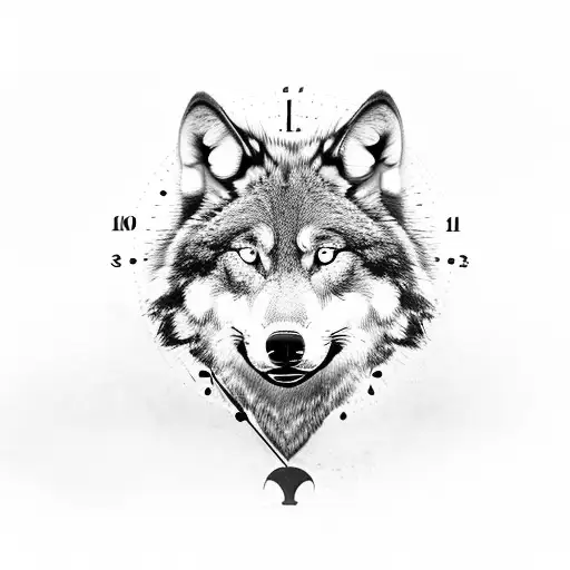 A realistic black and grey wolf with a clock face as its eye tattoo design idea