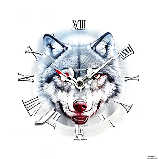 A clock mechanism forming the shape of a wolf's head with rose petals falling from its mouth tattoo design idea