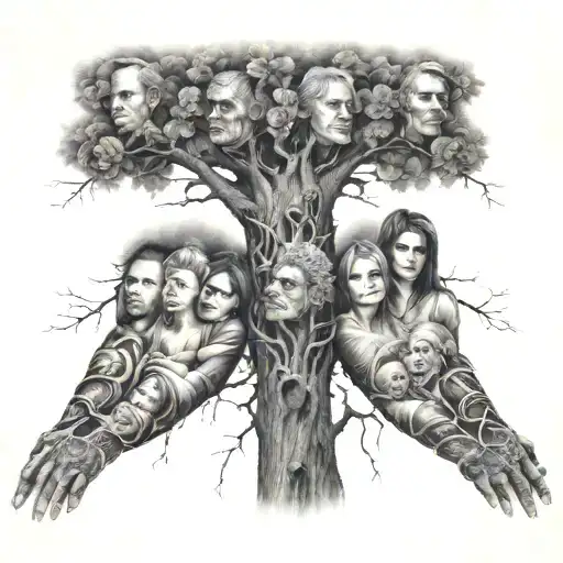 family tree half dead a decrepit with deceased family half blooming with family from 2000's and up as a full arm sleeve tattoo design idea