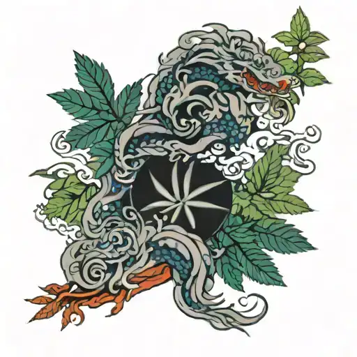 yin yanf with one side smokey and other full of marijuana leaves tattoo design idea