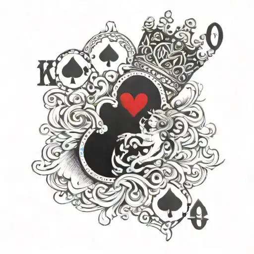 king of hearts playing card with queen of hearts at the bottom burning  tattoo design idea