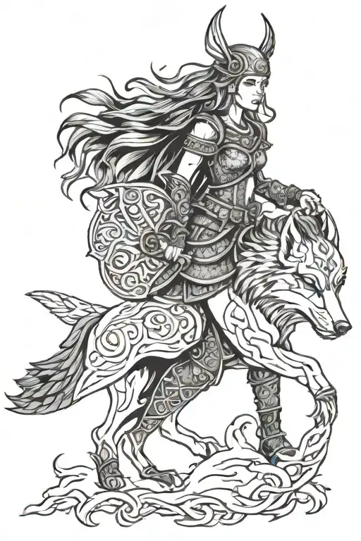 viking female warrior with a wolf surrounded by viking symbols  tattoo design idea