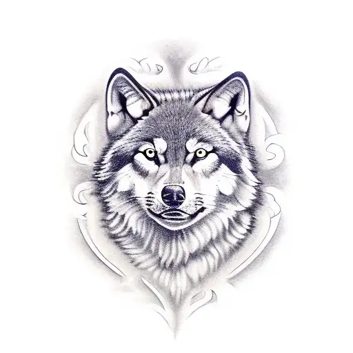 Athena's Face with wolves running through a bleeding heart background tattoo design idea