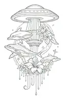 UFO ornamented with hibiscus flower and dolphins tattoo design idea