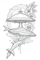 UFO ornamented with hibiscus flower and dolphins tattoo design idea